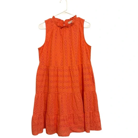LOFT - Coral Eyelet Mini Dress with Pockets – Sleeveless Tiered – NWT – Size M - Picture 3 of 9